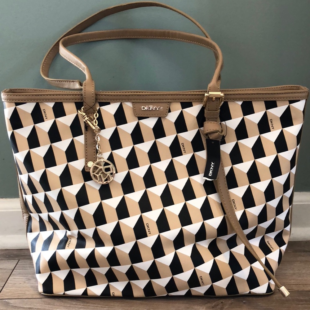 DKNY Black Nude White PVC Large Shoulder Purse.